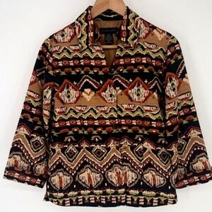 Vintage Silk Land Womens Small 100% Silk Southwestern Ikat Beaded Jacket Multi